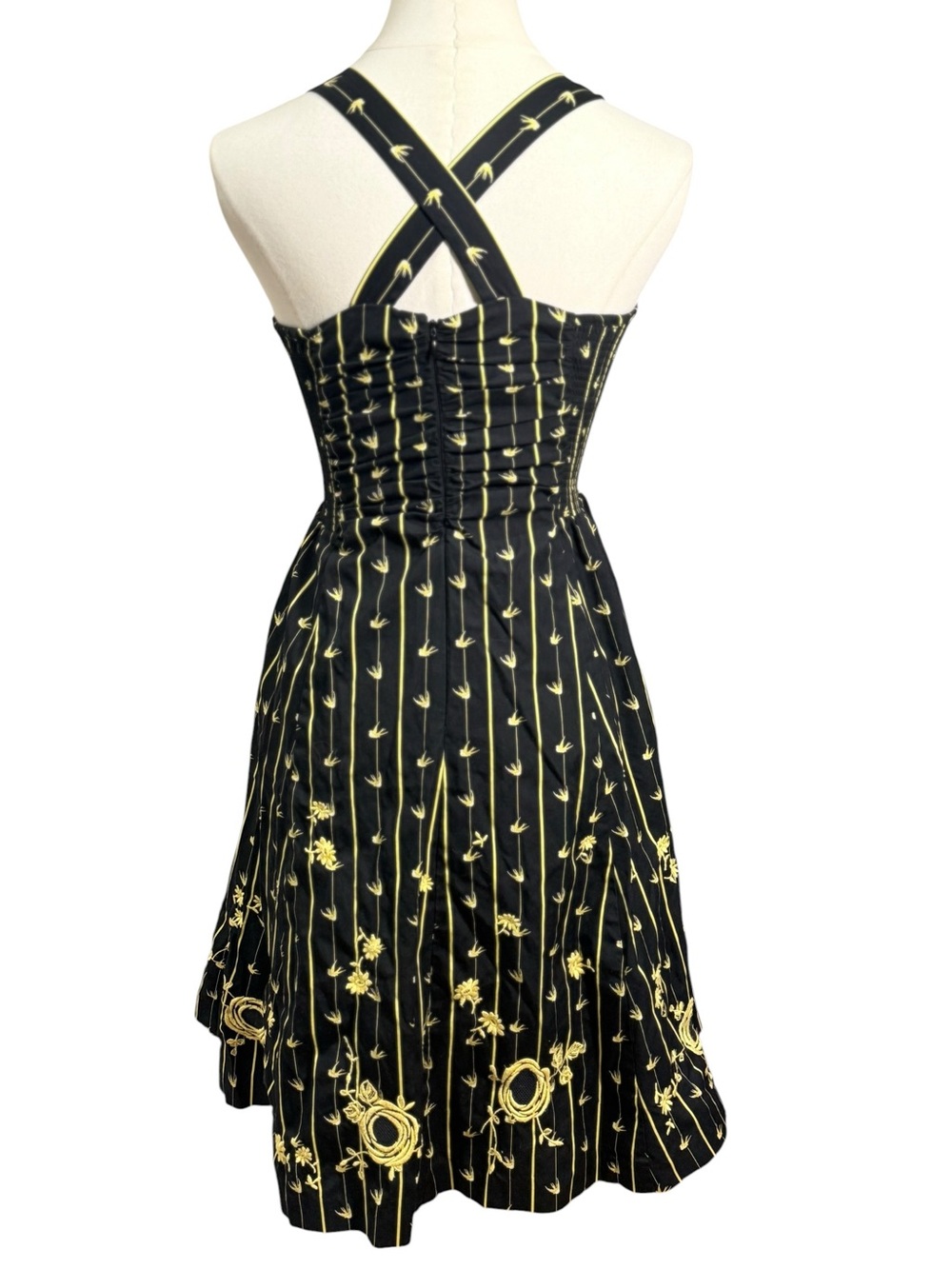 Anthropologie Moulinette Soeurs Bird & Floral Embroidered Ruched Dress Size 0 - Picture 4 of 9